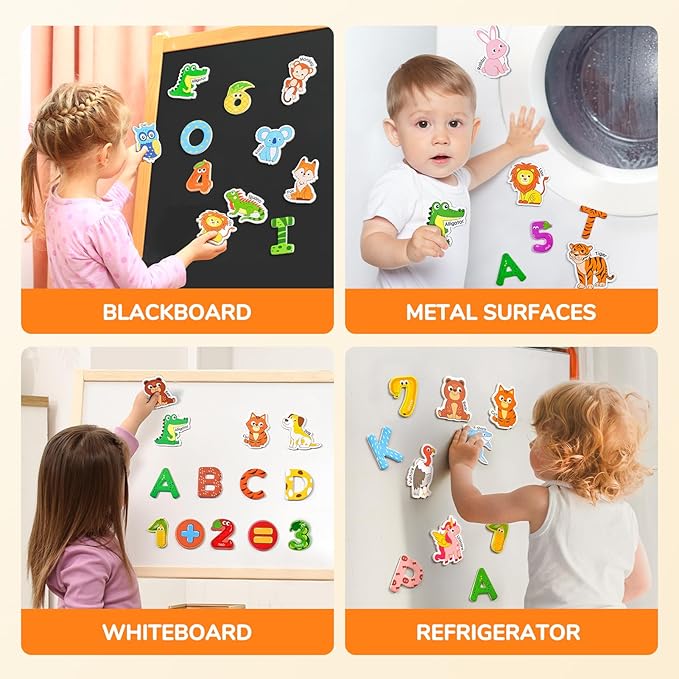 JoyCat Wooden Kids Magnets – 26 Cute Animals, Alphabet Uppercase Letters, and 0-9 Numbers, Fridge Magnets for Toddlers, Fun Educational Spelling Learning Gift for Toddlers & Kids