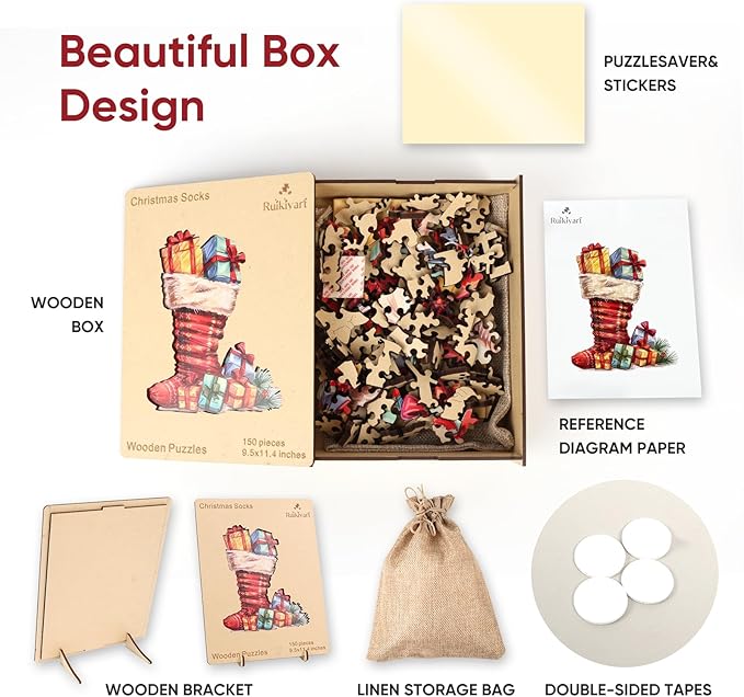 Ruikiyart Wooden Puzzles for Adults, 5MM 150 Pieces Christmas Boots Wooden Jigsaw Puzzles, Unique Shapes Pieces Christmas Puzzles Great Box Gift for Kids and Adults (9.5"x11.4")