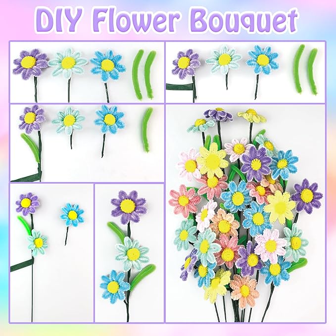 Pipe Cleaners Craft Kit 9 Assorted Colors Pipe Cleaners Bulk Flower Making Kit Chenille Stems DIY Arts and Crafts Supplies for Kids Adults Creative Bouquet Festival Home Decor Toys Gifts, Daisy