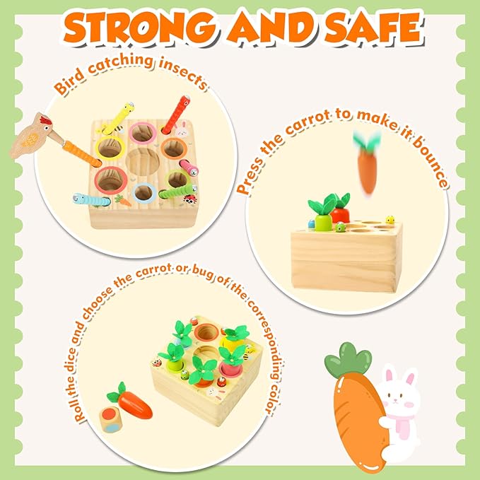 Montessori Toys for 1 Year Old, Wooden Toy for Baby 6-12 Months, Carrot Harvest Game for Kids, Shape Sorting Matching Puzzle, Educational Birthday for Boys and Girls(Pop Up Carrot)