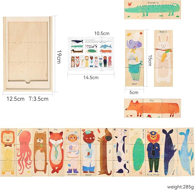 Wooden Animal & Career Jigsaw Puzzle for Toddlers Ages 3-5: Colorful Montessori Matching Puzzle with Chunky Pieces, Developing Fine Motor Skills & Cognitive Awareness