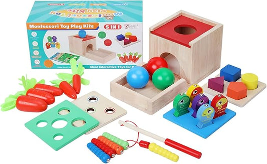 5 in 1Wooden Montessori Toys Toddlers Play Kit,Object Permanence Box,Carrot Harvest,Educational Learning Motor Skill Toys for Kids Ages 3-8