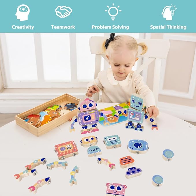 Wooden Robot Building Toys for Kids, Snap-Together STEM Blocks Playset, Take Apart Educational Toy for Toddlers Ages 3-8, Montessori Fine Motor Skills Toy Gift for Boys Girls