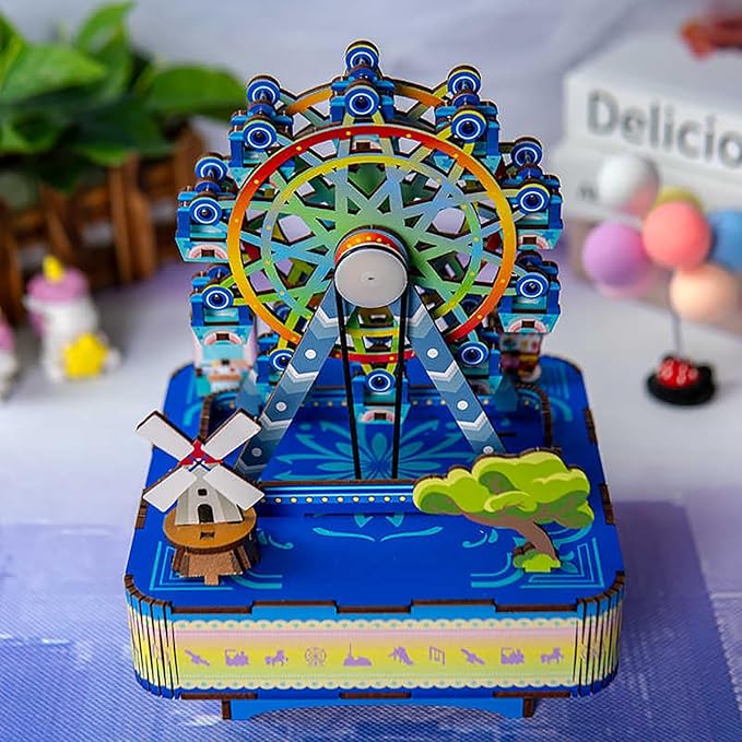 3D Wooden Puzzles Ferris Wheel DIY Rotating Music Box Kit 3D Wooden Jigsaw Puzzle Adult Teen Birthday Gifts and Toys for Kids（Lucky Ferris Wheel Music Box）