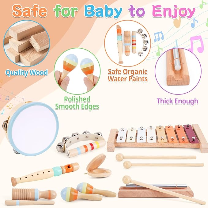 Wooden Musical Instruments for Toddlers 1-3 - Montessori Educational Toys for 1 2 3 Year Old Baby Kids, with Xylophone, One 1st 2st Christmas Birthday Gifts for Girls Boys