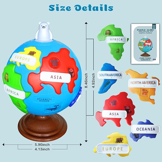 Spinning Globe for Children–Interactive Geography Learning Toy for Kid 3+, 8" Educational Puzzle Globe with 6 Continent & 12 Animial | STEM Geography Game for Kids 4-8, Preschool Birthday Gift
