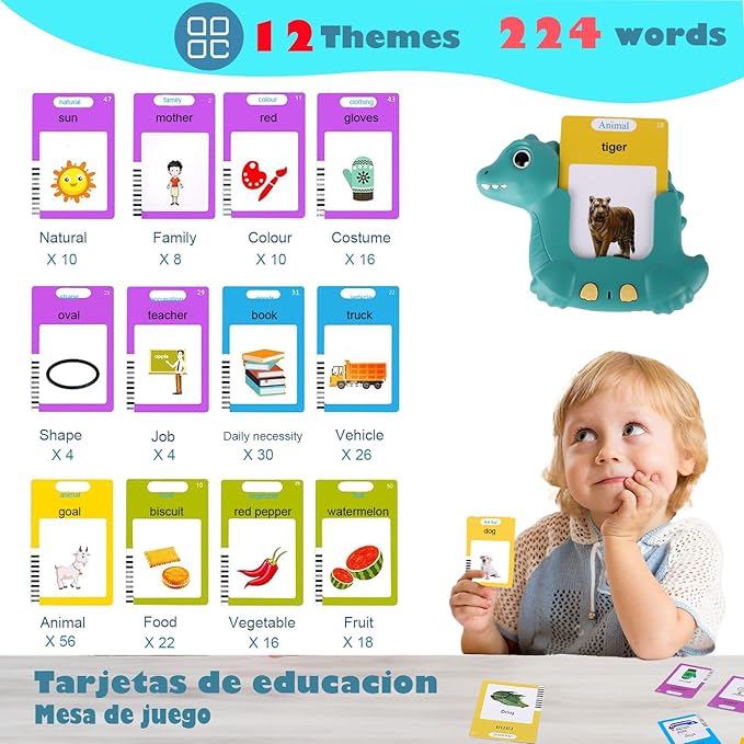 Dinosaur Talking Flash Cards 224 Sight Words for Kids, Audible Educational Interactive Autism Sensory Toys for Toddlers 3-8, Learning Montessori Tool for Girls Boys Gifts Green