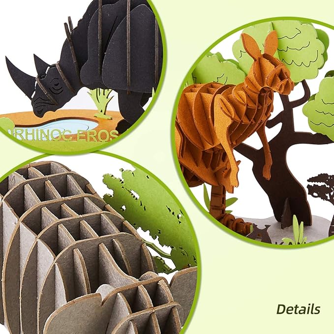 Paper 3D Puzzle, 3 Assorted Wild Animals, 3D Cardboard Models, DIY Kit for Child, Education Craft-Kangaroo, Elephant, Rhinoceros Puzzles