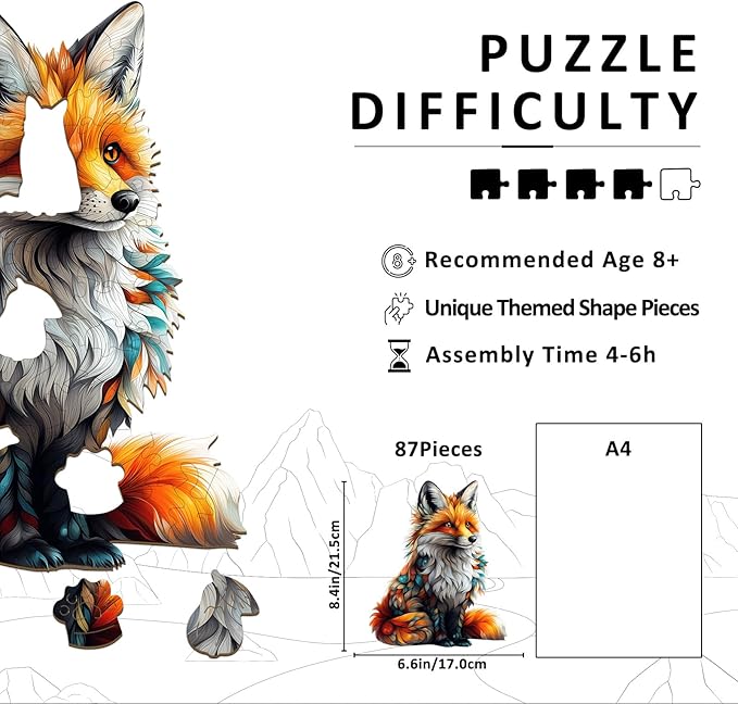 Wooden Puzzles for Adults - Artistic Fox Wood Puzzles Adult - Unique Animal Shape Wooden Jigsaw Puzzles for Adults - Birthday Gifts for Puzzle Lovers, Family (8.4 * 6.6in)