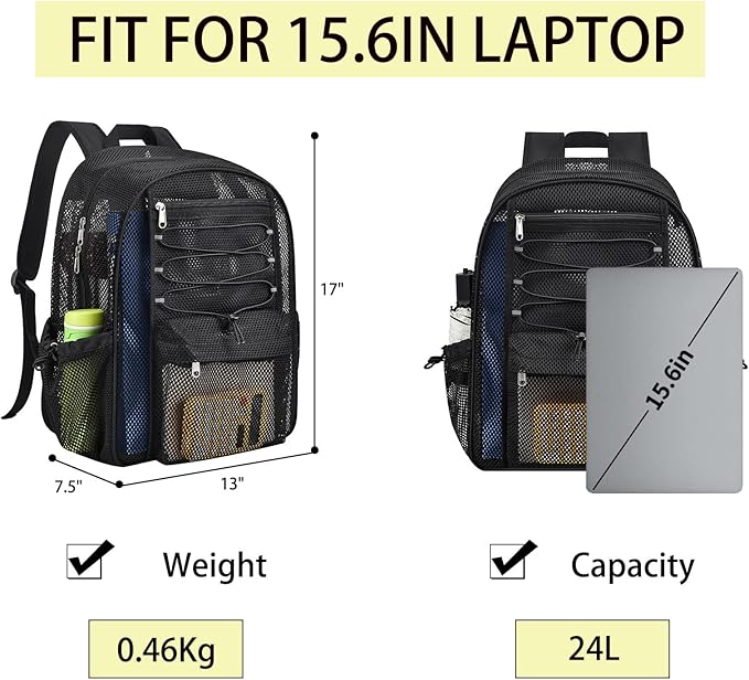 Mesh Backpack Heavy Duty for School, 24L Large Mesh Bookbag for Adults, Black School Bag with Comfort Padded Straps for Work Swimming Beach Fitness Sport