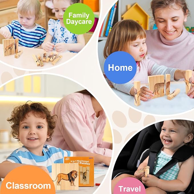 Wooden Puzzles for Toddlers 1-3: Animal Toddler Puzzles for 2-4 Years Old, Montessori Toys Learning Educational Chunky Puzzle, 4-in-1 Safari Animal Wooden Toys for Kids Baby Boys Girls Gifts