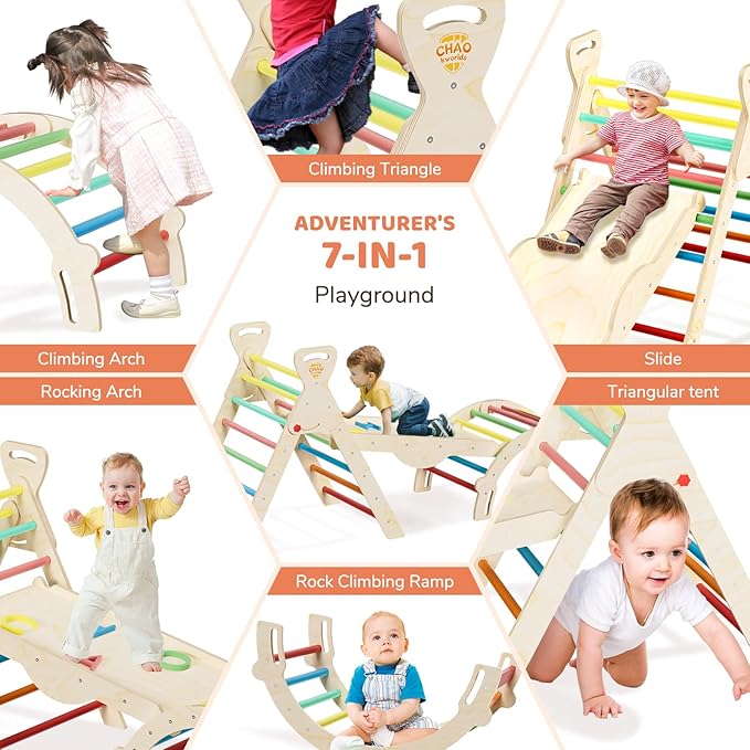 Pikler Triangle Set 7-in-1 Foldable Montessori Wooden Climbing Toys for Toddlers 1-5 Years Indoor Jungle Gym with Slide, Arch Ladder & Ramp Solid Wood Baby Activity Climber（ Rainbow）