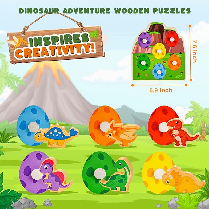 3 otters Wooden Peg Puzzles for Toddlers, Montessori Toys Dinosaur Learning Toys for Family Entertainment Education Birthday Gifts