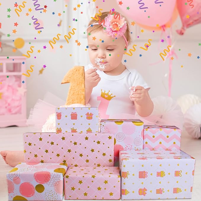 Wrapping Paper Pink Gold Birthday Gift Wrapping Paper for Girls Women-Soft Pink Gift Wrap Paper and Ribbon Sticker,Pretty Present Wrap Folded Sheets for Party,Wedding,Valentine's Day(6 Sheets, 27.5"Lx19.6"W per Sheet)