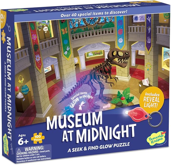 Peaceable Kingdom Museum at Midnight – 100-Pc. Seek & Find Glow Puzzle for Kids Ages 6 & Up – Included Blacklight Reveals Hidden Items – Great for Home or Classrooms