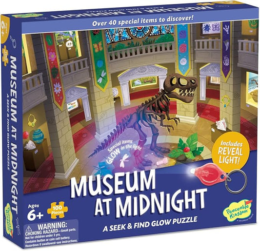 Peaceable Kingdom Museum at Midnight – 100-Pc. Seek & Find Glow Puzzle for Kids Ages 6 & Up – Included Blacklight Reveals Hidden Items – Great for Home or Classrooms