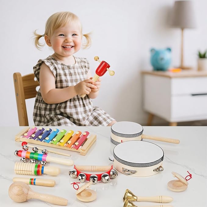 Hayder Baby Musical Instruments Set, 12 Pcs Wooden Montessori Musical Toys for Toddlers 3+ Years Old, Kids Percussion Instruments Toy