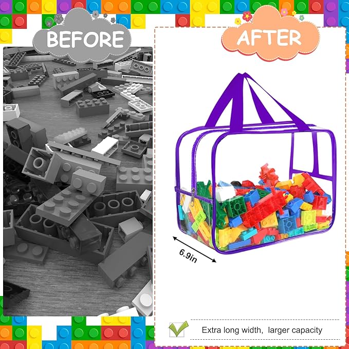 6 Colors Widen X-Large Storage Bags 12.6×9.25×6.9In with Labels, Reusable Clear PVC Board Game Storage, Travel Waterproof Organizer Bags with Zipper for Building Blocks, Puzzle, Stuffed Animals