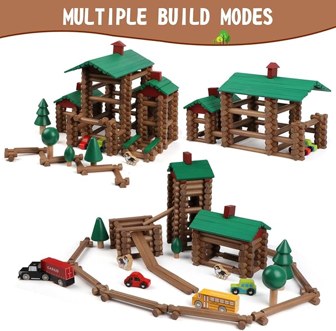 Wondertoys 456Pcs Big Villa Wooden Log Set Real Wood Logs Classic Building Log Ages 3+ Best Retro Building Gift Set Creative Construction Engineering Educational Gifts