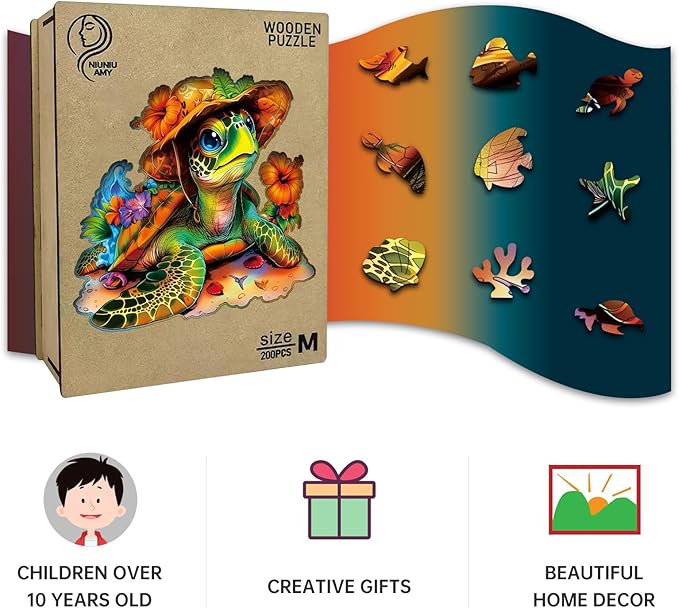 Wooden Jigsaw Puzzles,Vacation Sea Turtle Wooden Puzzles 200 Piece,Perfect for Family Game,Unique Shape Puzzles for Adults 11 x 11 Inch