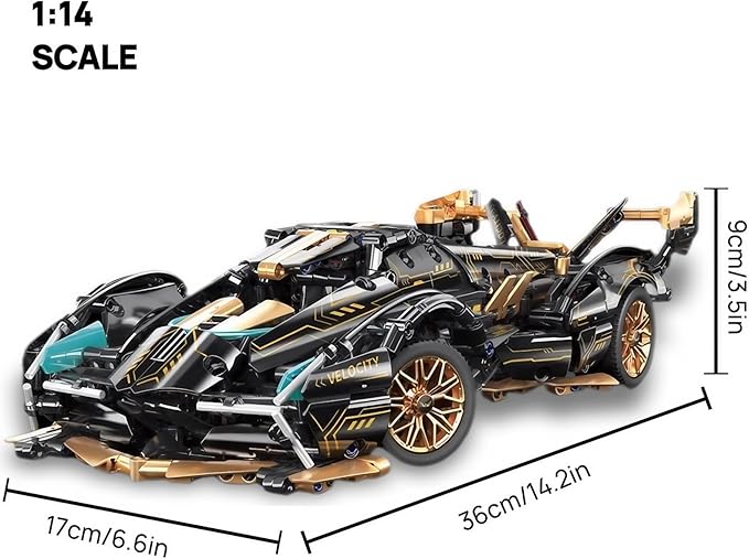 1:14-Scale RC Car Model Kit - Black-and-Gold Retro Supercar with APP Control, LED Lights, and Functional Scissor Doors for Creative Teens and Adult Hobbyists (1314 Pieces)