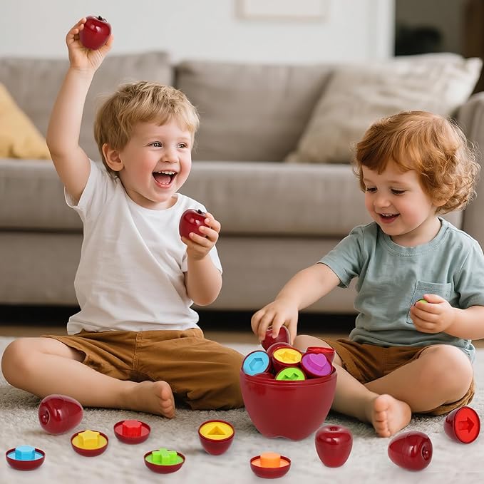 Montessori Geometric Apple Shape Sorter Toys for Toddlers 1-3,Montessori Preschool Educatioanl Learning Color Sorting Matching Games Fine Motor Toddler Activities Toys for Kids Boys Girls