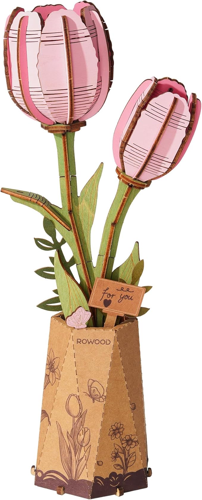 rowood Wooden Flower,3D Puzzles for Adults,Artifical Flower Botanical Collection Building Kit,Mother's Day/Valentine's Day Pink Tulip