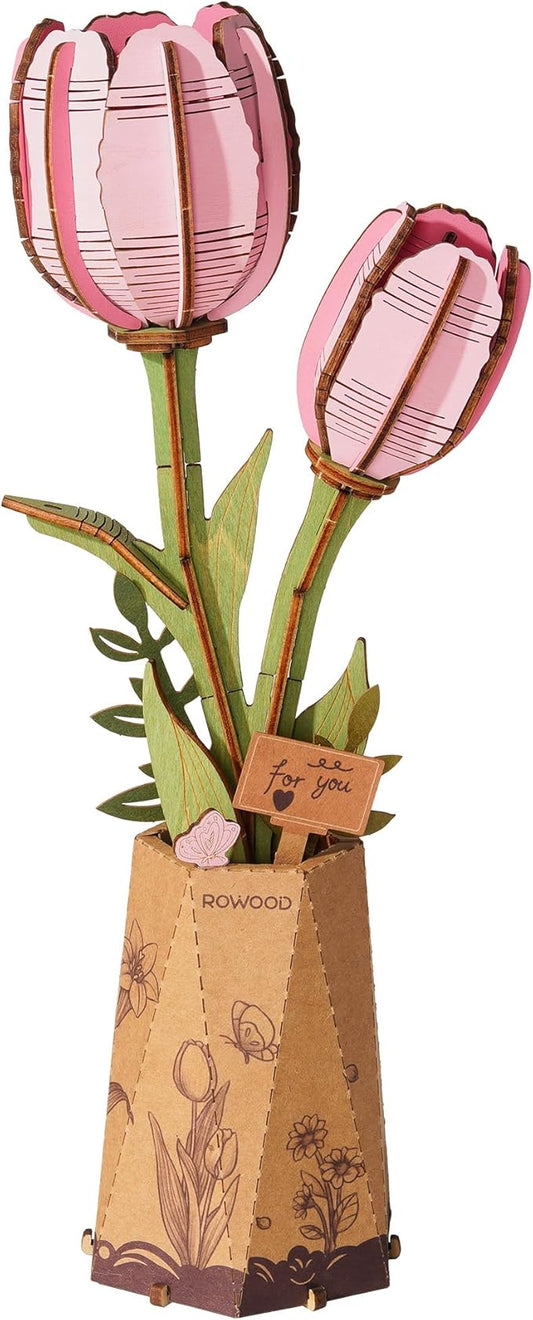 rowood Wooden Flower,3D Puzzles for Adults,Artifical Flower Botanical Collection Building Kit,Mother's Day/Valentine's Day Pink Tulip