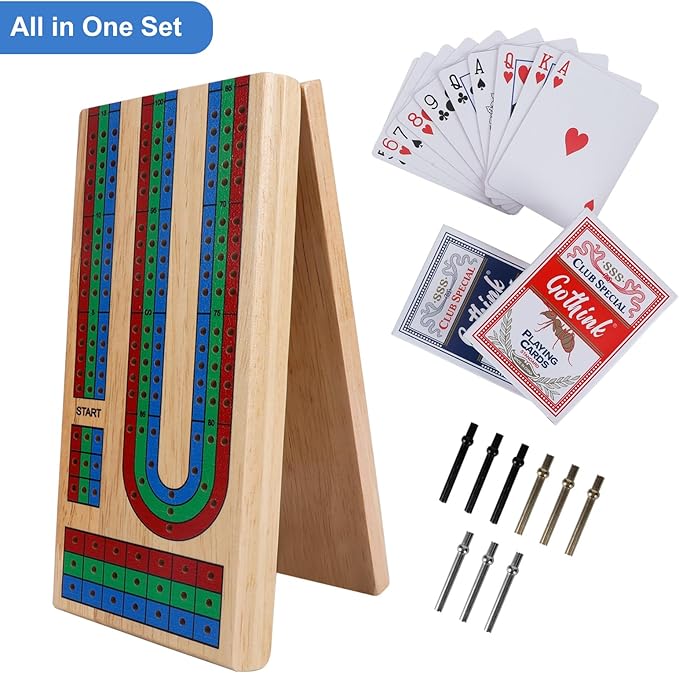 Wooden Folding Cribbage Board Game Set – Portable Travel Board with 3 Tracks, Large Storage, 9 Metal Pegs & 2 Cards – Classic Table Game for Adults, Kids & Family Night