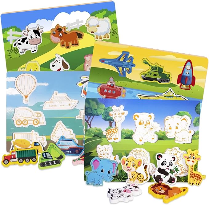 Wooden Peg Puzzle for Toddlers 1-3 Year Old,Funsland Puzzles Gifts Colorful Toys Cartoon Gifts,Farm Zoo Animals Vehicle Arsenal Puzzles (Pack of 4)