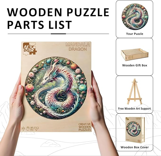 Wooden Puzzles for Adults - Mandala Dragon Wood Puzzles Adult - Unique Animal Shape Wooden Jigsaw Puzzles for Adults - Birthday Gifts for Puzzle Lovers, Family (8.4 * 8.4in)