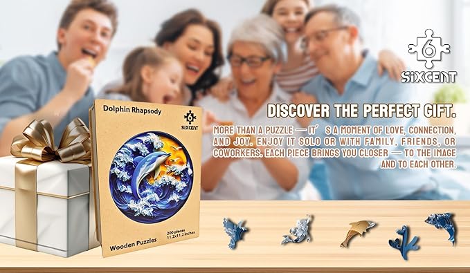 Wooden Jigsaw Puzzle, 200-500 Pieces Unique Shape Animal Puzzle, for Adults & Kids, Birthday Gift Family Game, Decorative Puzzle, Unique Gift (Dolphin Rhapsody, 200 PCS)