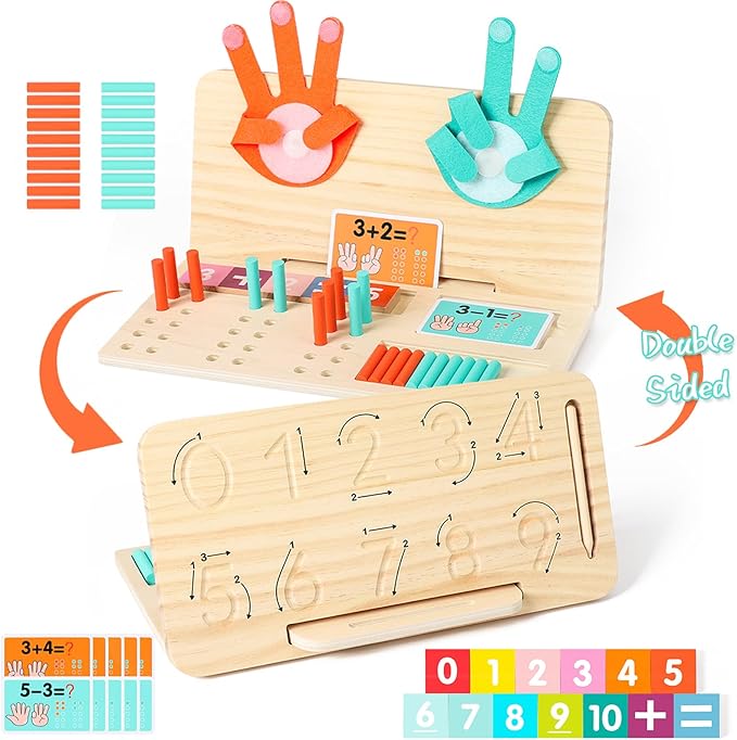 Montessori Learning Toys for Toddlers, Double-Sided Preschool Educational Math Manipulatives Number Counting Blocks, Finger Counting Math Toys for Kids 3-5 Year Old Boys Girls Gift