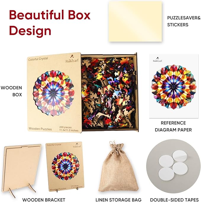 Ruikiyart Wooden Puzzles for Adults, 5MM 200 Pieces Crystal Wooden Jigsaw Puzzles, Gem Puzzle Unique Shaped for Adults and Kids on Birthday, Thanksgiving, Christmas, Family Puzzle Games(11.3''x11.2'')