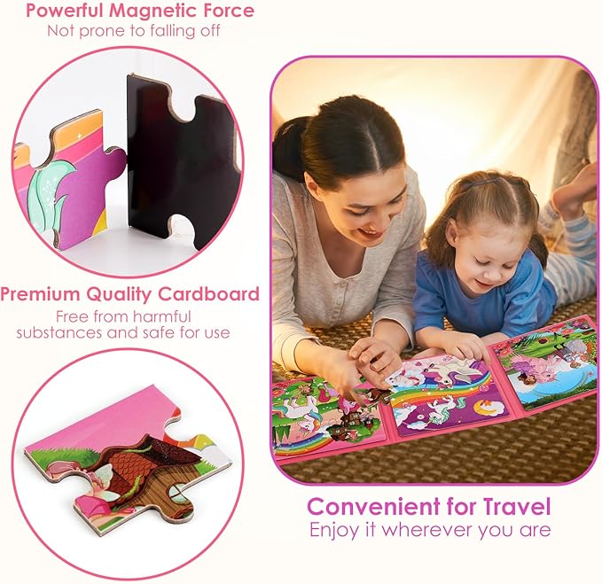 Magnetic Puzzles for Kids Ages 4-6, 20-Piece Toddler Travel Toys Unicorn Princess Puzzles Ages 3-5, Educational Learning Magnets, Ideal Road Trip Activities Toys for 3 4 5 6 Boys and Girls