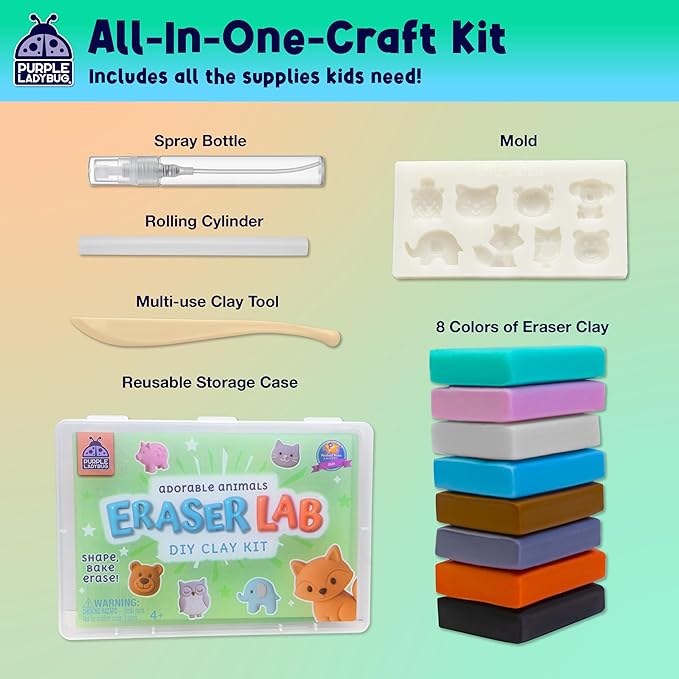 PURPLE LADYBUG DIY Clay Cute Mini Eraser Kit for Kids - Students Desk Pet Animals Make Your Own Erasers Kit, Arts and Crafts for Kids Ages 8-12 4-8, Ideal for School Supplies, Gifts & Creative Play