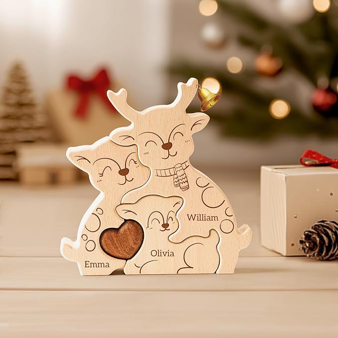 Wooden Elk Family Puzzle, Personalized Puzzles with 2-5 Names, Birthday Christmas Personalized Gifts for Kids Teen Boys Girls Mom Dad Grandma Toddler, Christmas Thanksgiving Decor Gifts