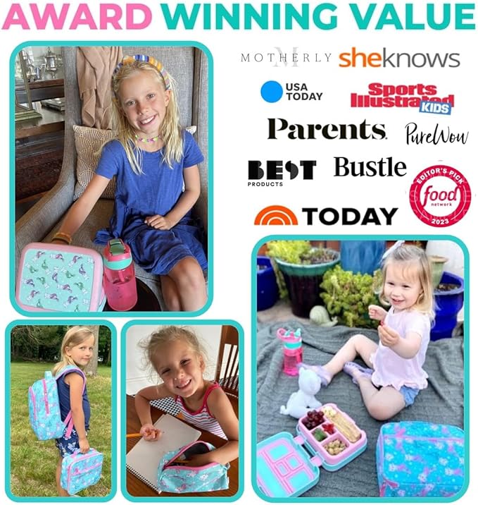 Bento Box with Stainless Steel Food Thermo for Hot Food or Soup, Insulated Lunch Bag, and Ice Pack Set for Kids Girl Toddlers. Ages 3 to 7 Pink Aqua Cat Mermaid