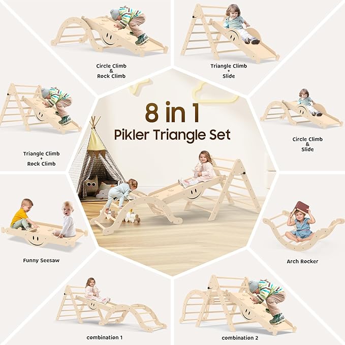 BIERUM 8 in 1 Pikler Triangle Set with Soft Cushion, Montessori Foldable Toddler Pickler Climbing Set with Ramp, Wooden Jungle Gym, Indoor Playground for Toddlers and Kids, Natural