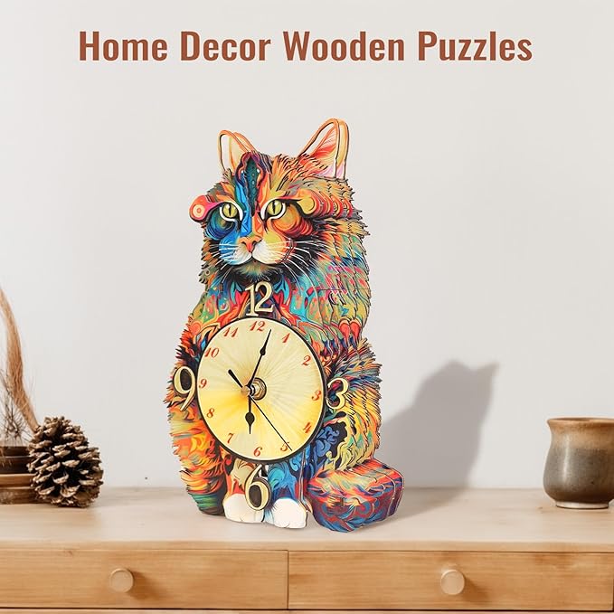 3D Puzzle for Adults - Wooden Cat Clock for Room Decoration, DIY Build Mechanical Wall Clock with Roman Numerals, Personalized Gift for DIY Lovers