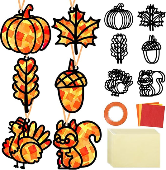 Qyeahkj 36 Set Fall Suncatchers Crafts for Kids DIY Autumn Leaf Pumpkin Acorn Squirrel Window Tissue Paper Craft Kit Hanging Decor for Classroom Home Activity Art Project Birthday Party Favor Gift