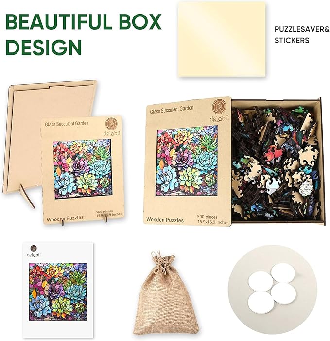 delobi Stained Glass Puzzles for Adults 500 Pieces Succulent Wooden Puzzles, Unique Liberty Challenging Jigsaw Puzzles Gift for Friends Family Game Medium Size 15.9'' x15.9''