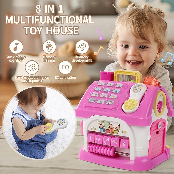 Multifunctional Learning Toy House&Activity Cube, Montessori Toys for 1 Year Old Girl Gift for First Birthday, One Year Old Educational Cube for Baby and Toddler Age 0-2