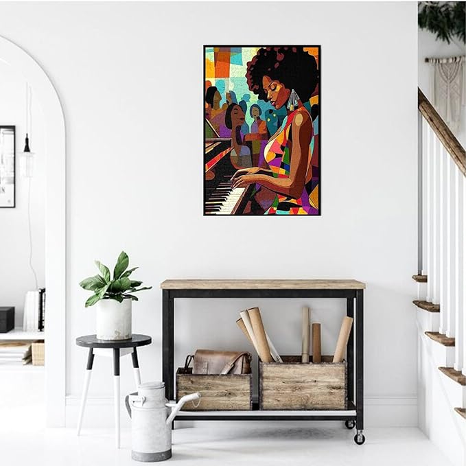 African Women Black Girl Jigsaw Puzzles 1000 Pieces for Adults, African American Puzzles for Adults (Piano,Girl,Female) Pieces Musical Performance Frameable Magic Puzzle Art（Brown）