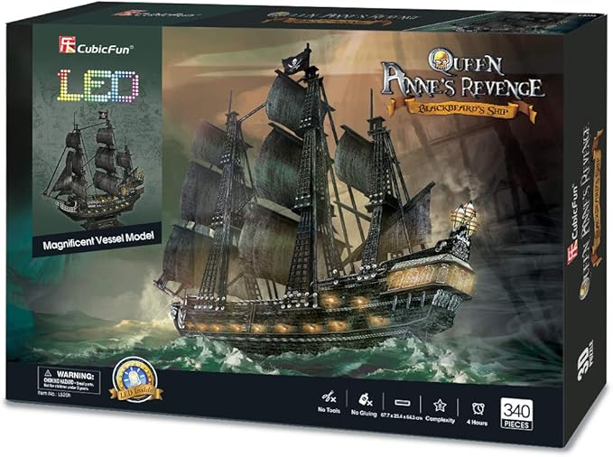 CubicFun 3D Puzzles for Adults - Led Pirate Ship Queen Anne's Revenge - Large 27'' Sailboat Puzzles - Desk Decor, Anniversary, Christmas Teacher Appreciation Gifts Adult Stocking Stuffers