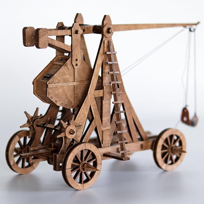 YAQUMW The Mini Counterweight Trebuchet with Four Wheels Europe Medieval Siege Weapon DIY 3D Wooden Puzzle Mechanical Model Kits STEM Projects Tabletop Toys