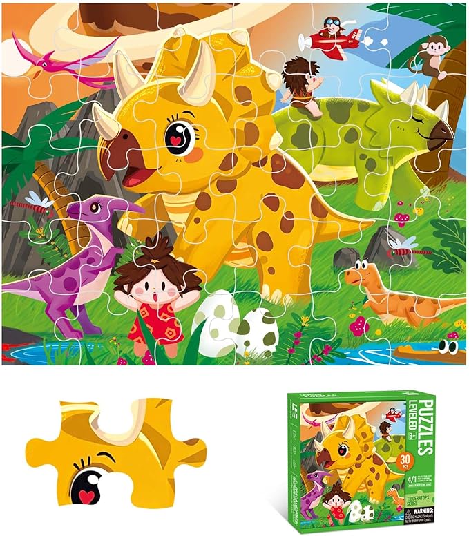 Dinosaur Puzzles for Kids Ages 3-8 Year Old,30 Pieces Jigsaw Puzzles for Toddlers & Children Ages 4-6，Educational Floor Puzzles with Storage Box for Gifts(Triceratops Dinosaur)