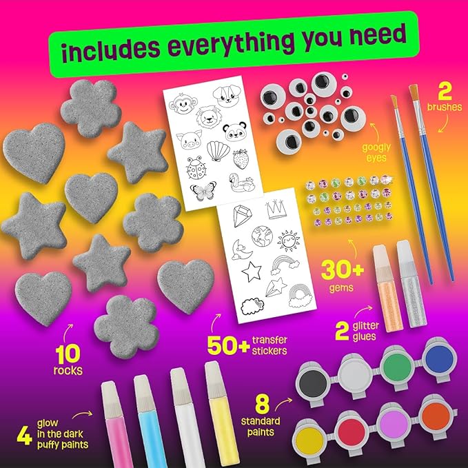Heart, Flower & Star Shaped Rocks - Glow in The Dark Rock Painting Kit for Kids - Arts & Crafts Toys for Kids Ages 6-12 - Valentines Day Craft Kits - Birthday Gifts for 6 7 8 9 10 11 12 Year Old Girls