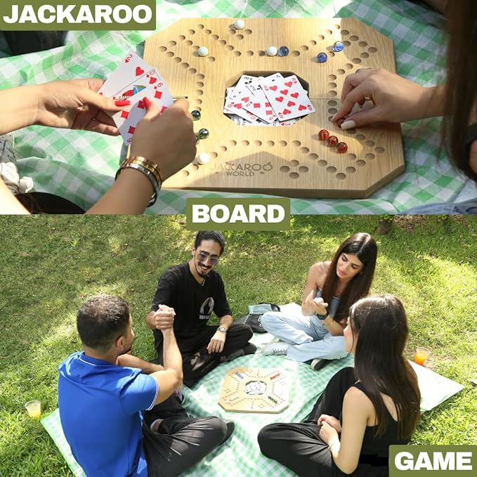 Jackaroo Board Game - 2-4 Player Marble Board Games - Marble Strategy Game - Carbles game with Cards - Marbles and Jokers Board Game - Jokers and Pegs Board Wooden - Dirty Marbles Strategy Games (Oak)