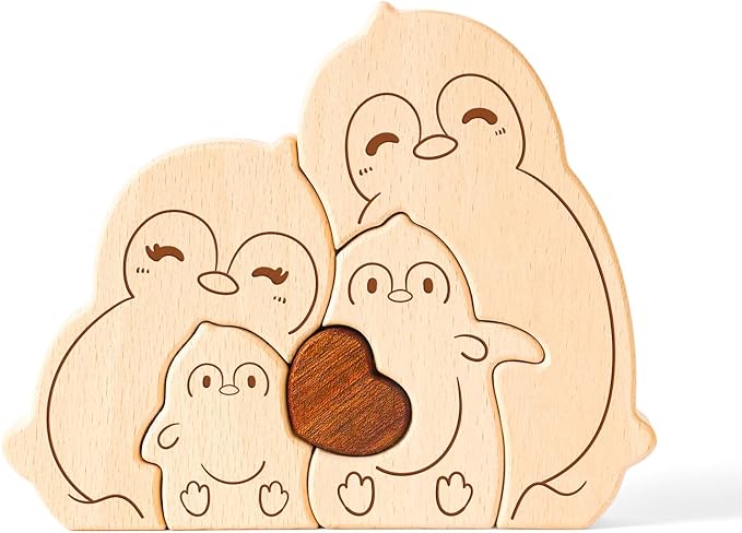 Wooden Penguin Family Puzzle Games, Personalized 4 Name Puzzle for Home Crafts Decor, House Warming Birthday Party Gifts for Mom Dad Grandma Kids New Baby, Wooden Bear Family